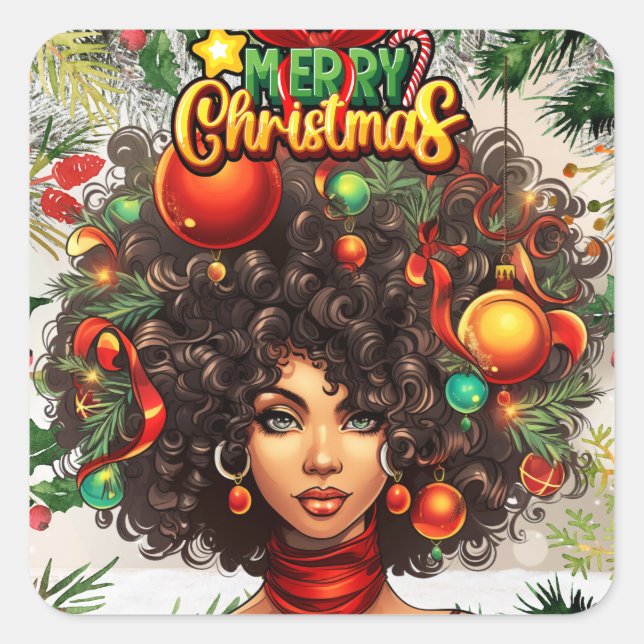 Schwarze Frau Melanin Weihnachten Afro Natural Que Quadratischer Aufkleber (Vorderseite)