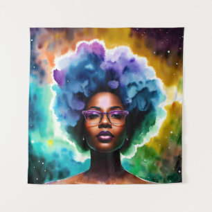 Schwarze Frau mit Afro Hair in Brille Galaxie Kuns Wandteppich
