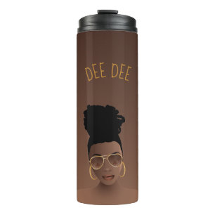 Schwarze Frau mit Gold-Shades & High Bun, braun Thermosbecher