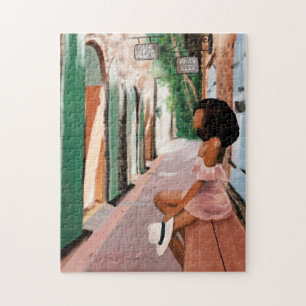 Schwarze Frau mit Hut auf einer Bank in der USVI Puzzle