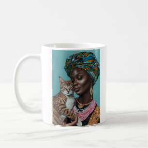 Schwarze Frau mit Katze Kaffeetasse
