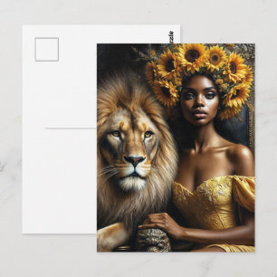 Schwarze Frau mit Löwe Sonnenblume Leo Postkarte