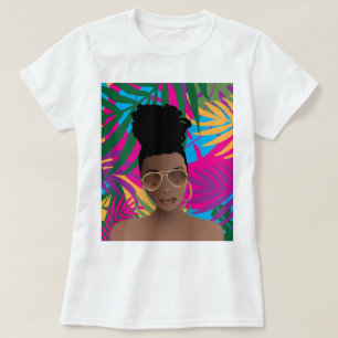 Schwarze Frau mit Sunglücken, tropisch farbige Blä T-Shirt