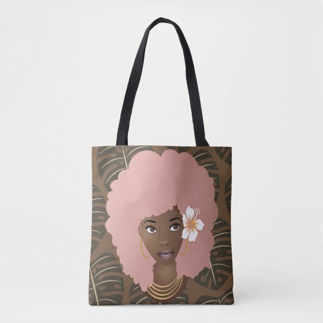 Schwarze Frau, rosa Afro, Blattmuster, braun (Vorderseite)