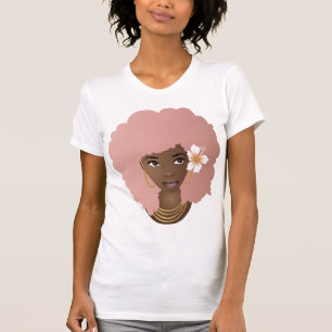 Schwarze Frau, rosa Afro, Blume in ihrem natürlich T-Shirt