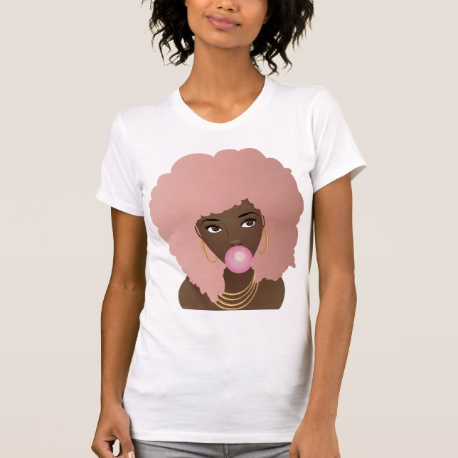 Schwarze Frau, rosa Afro, Poppingrosa Bubblegum T-Shirt (Vorderseite)