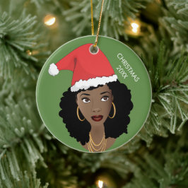 Schwarze Frau, rote Weihnachtsmannmütze, aktuelles Keramik Ornament
