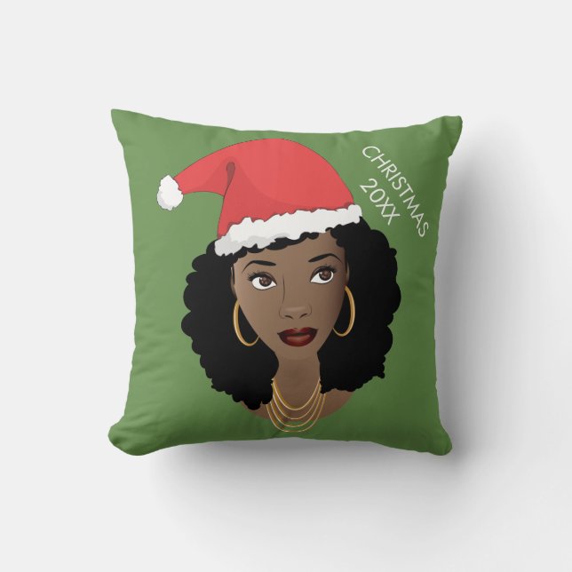 Schwarze Frau, rote Weihnachtsmannmütze, aktuelles Kissen (Vorderseite)