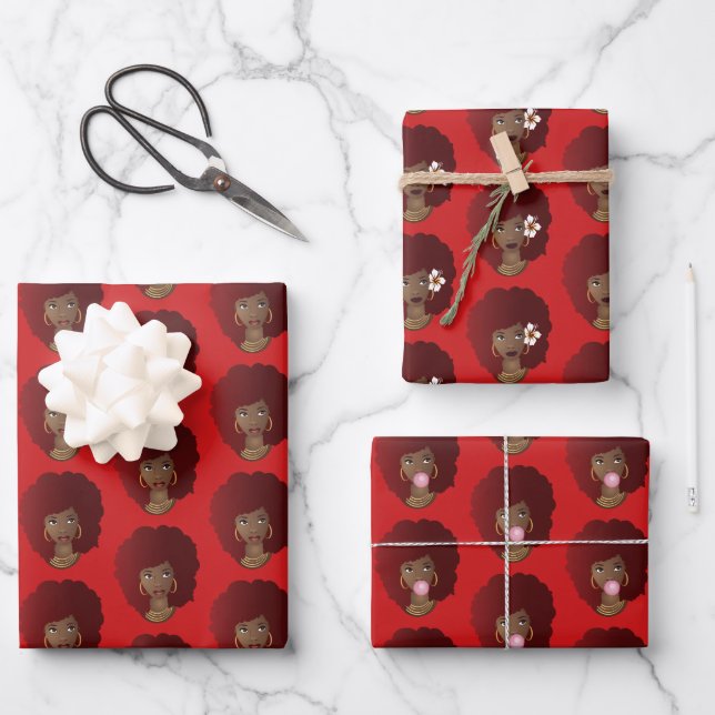 Schwarze Frau, Rotes Afro, natürliches Haar, Rotes Geschenkpapier Set (Vorderseite)