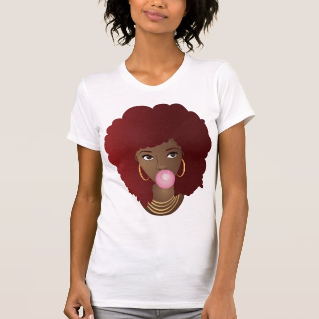 Schwarze Frau, Rotes Afro, Poppingrosa Bubblegum T-Shirt (Vorderseite)