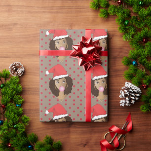 Schwarze Frau, Weihnachtsmannmütze Bubblegum Red  Geschenkpapier