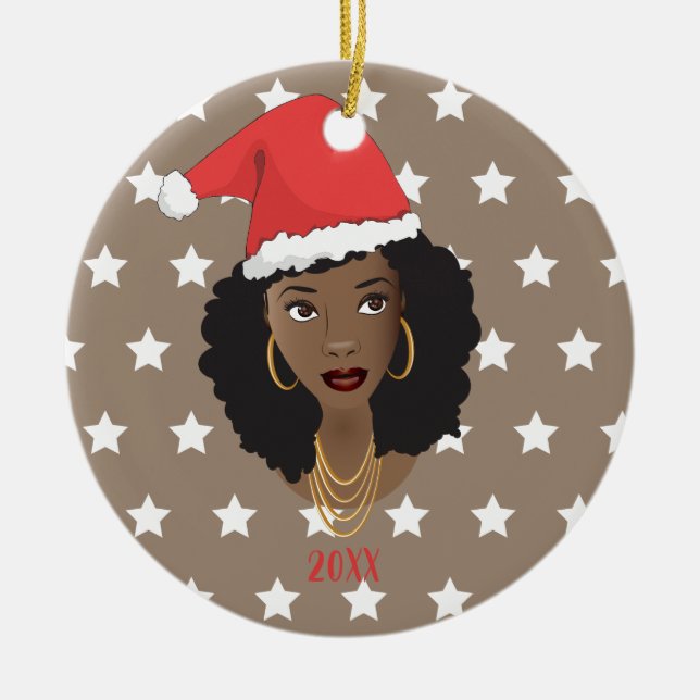 Schwarze Frau, Weihnachtsmannmütze, Muster der wei Keramik Ornament (Vorne)