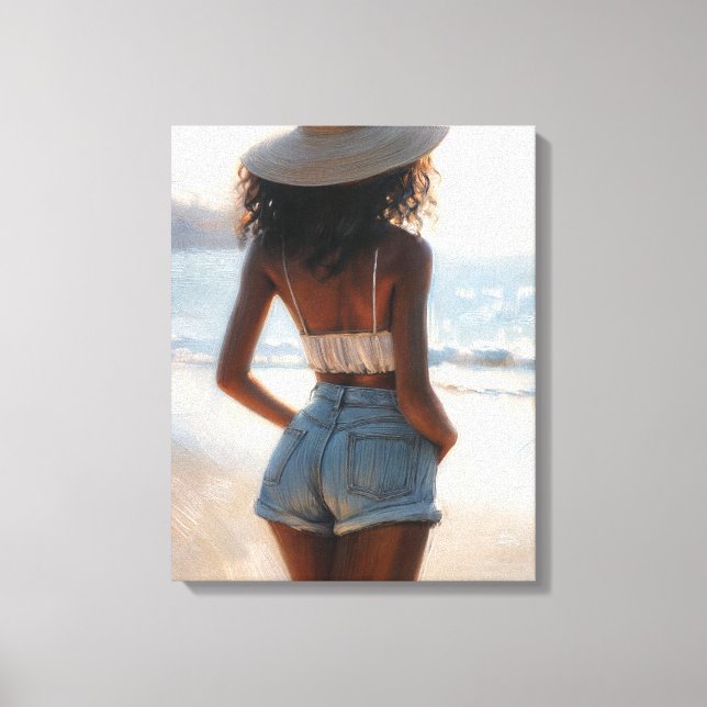 Schwarze Frauen am Strand tragen Sommerhut Leinwanddruck (Vorderseite)