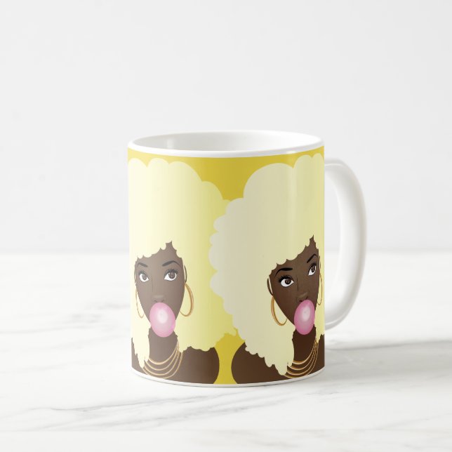Schwarze Frauen, Bubblegum, blonde Afro Art, gelb Kaffeetasse (VorderseiteRechts)