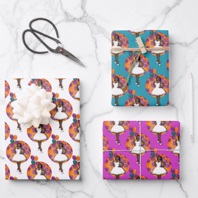 Schwarze Frauen farbenfrohe Balloons Blume Muster Geschenkpapier Set (Vorderseite)