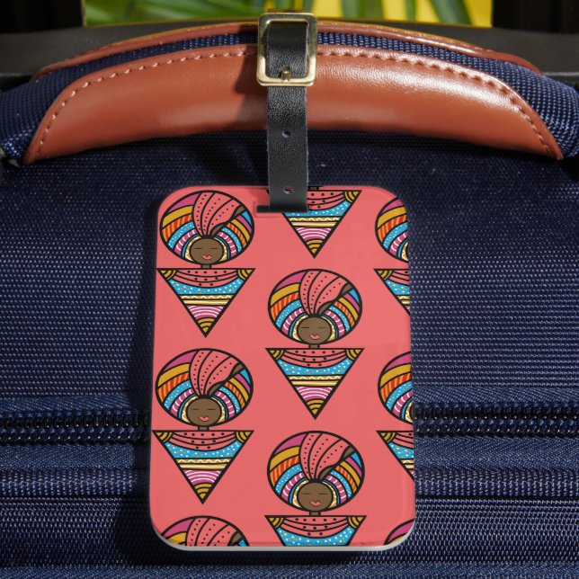 Schwarze Frauen, farbenfrohe Turban, Korallenorang Gepäckanhänger (Vorderseite Insitu 2)