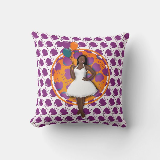 Schwarze Frauen farbige Balloons Blume Muster Weiß Kissen (Vorderseite)