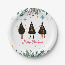 Schwarze Frauen im Schwarzen Weihnachtsbaum-Party  Pappteller