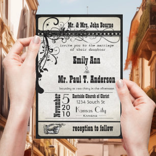 Schwarze Funky Playbill-Ticket-Hochzeitseinladunge Einladung