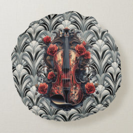 Schwarze Geige im Art Deco GMajor Rundwurfpilz Rundes Kissen