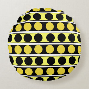 Schwarze, gelbe und weiße Streifen und Polka Dots Rundes Kissen