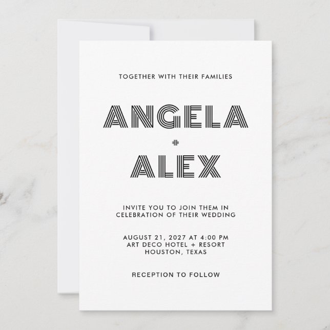 Schwarze geometrische Retro-Namen Hochzeit Einladung (Vorderseite)