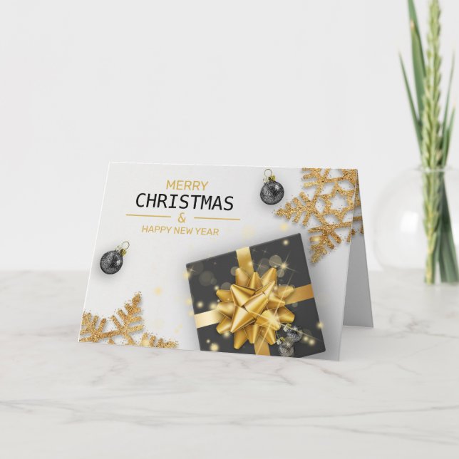 Schwarze Geschenkboxen Weihnachtsbälle Gold Schnee Karte (Vorderseite)