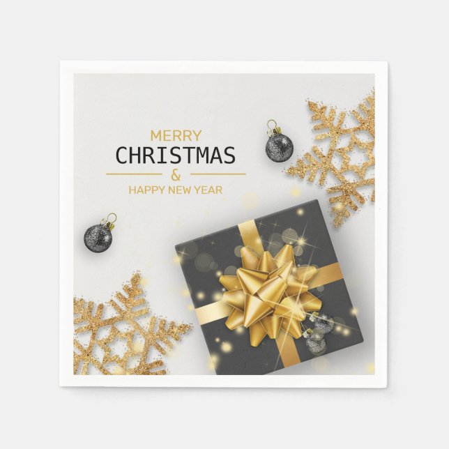 Schwarze Geschenkboxen Weihnachtsbälle Gold Schnee Serviette (Vorderseite)