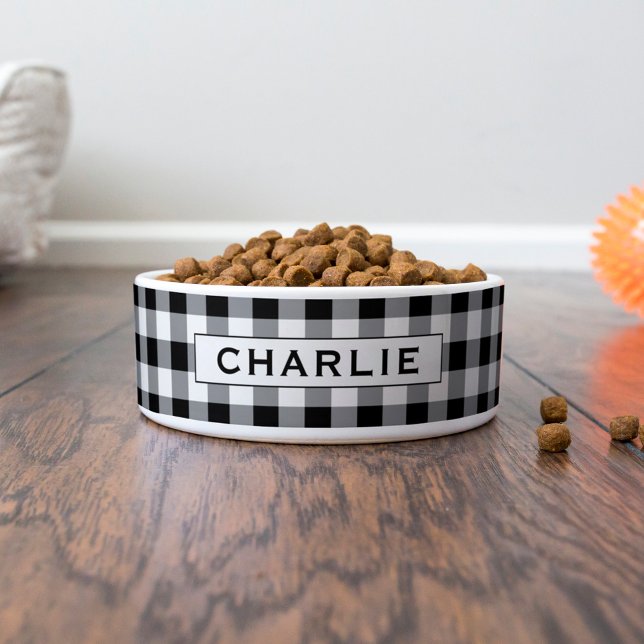 Schwarze Gingham-Karo-Monogramm-Hundename Napf (Von Creator hochgeladen)