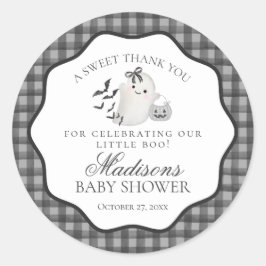 Schwarze Gingham Little Boo Geist Baby Shower Gesc Runder Aufkleber