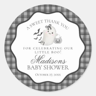 Schwarze Gingham Little Boo Geist Baby Shower Gesc Runder Aufkleber