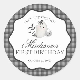 Schwarze Gingham Little Boo Geist Geburtstagsfeier Runder Aufkleber