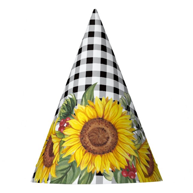 Schwarze Gingham und Sonnenblumen Blumenmädchen Partyhütchen (Vorderseite)