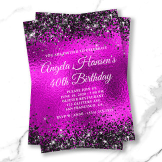 Schwarze Glitter Magenta Glasfolie 40. Geburtstag Einladung