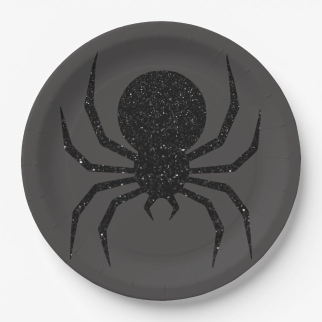 Schwarze Glitter-Spinne Halloween Pappteller (Vorderseite)
