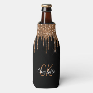 Schwarze Glittertropfen goldenes Monogramm Name Flaschenkühler