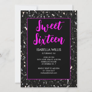 Schwarze Glitzern Sweet 16 neon pink elegante Dreh Einladung