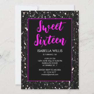 Schwarze Glitzern Sweet 16 neon pink elegante Dreh Einladung