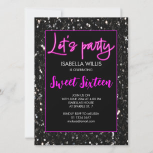 Schwarze Glitzern Sweet 16 neon pink lasse Party Einladung