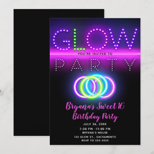 Schwarze Glow Party Neonlichter Geburtstagsfeier Einladung