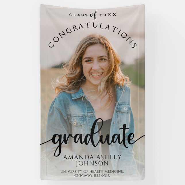 Schwarze Glückwünsche Graduate Foto Abschluss Banner (Vertikal)