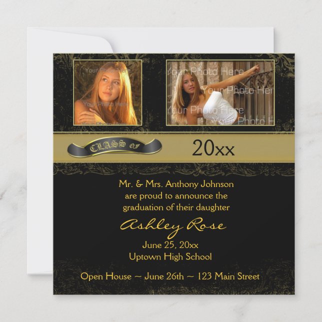Schwarze Gold Abschluss Fotokarte Ankündigung (Vorderseite)