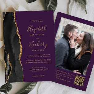 Schwarze Gold-Achat-Lila-Foto-QR-Code-Hochzeit Einladung