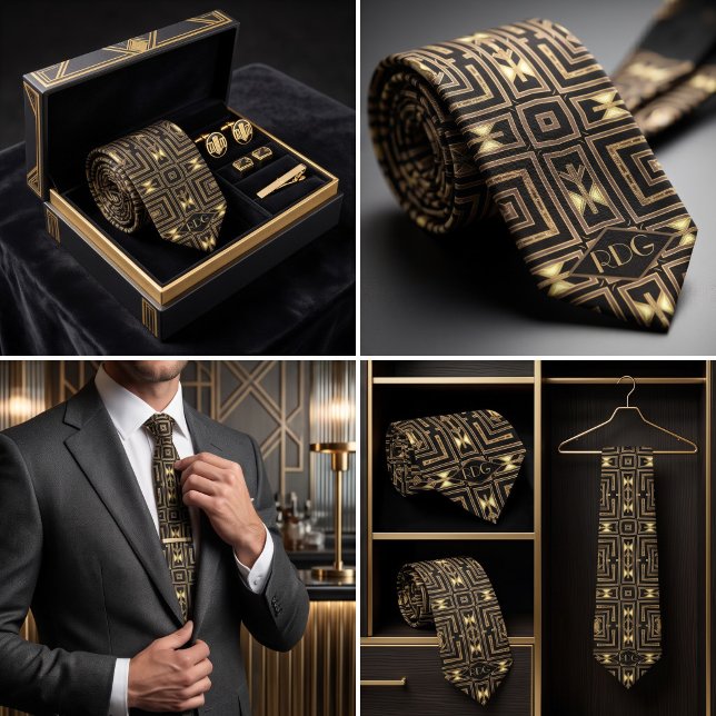 Schwarze Gold Art Deco Geometrische Monogramm Krawatte (necktie featuring a black, taupe, and glowing yellow geometric Art Deco and Aztec inspired pattern)