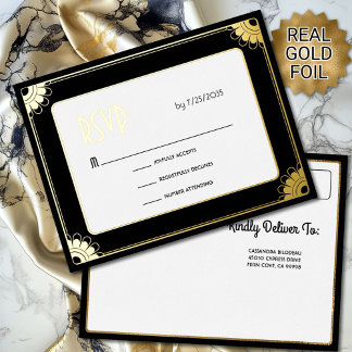 Schwarze Gold Art Deco Spaß Blumen Hochzeit RSVP R Folie Einladungspostkarte