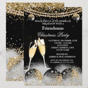 Schwarze Gold Champagner Friendsmas Weihnachtsfeie Einladung