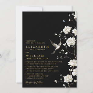Schwarze Gold-Chinoiserie-Blumen-Hochzeit Einladung