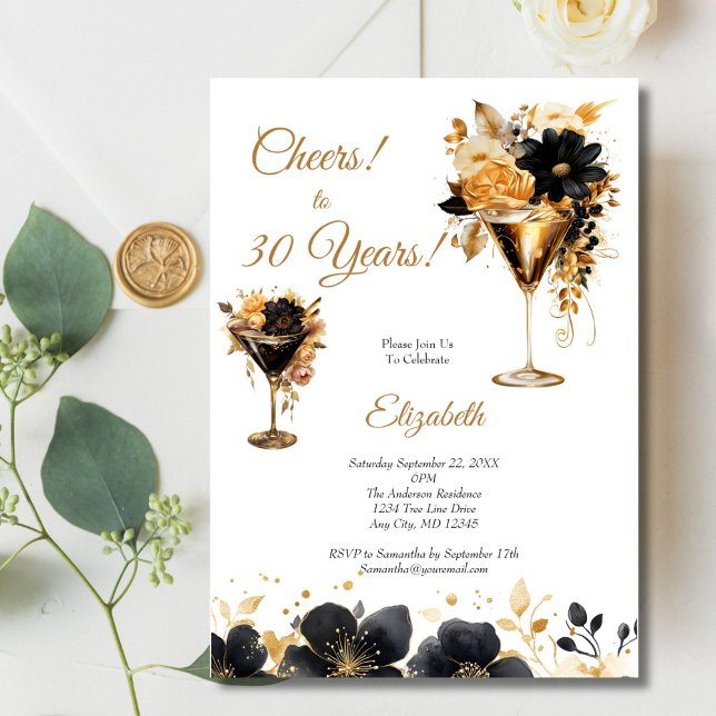 Schwarze Gold Cocktails Getränke Blumen 30. Geburt Einladung (Black gold Florals and Cocktails 30th birthday party invitation for her. Printed or Digital Download)