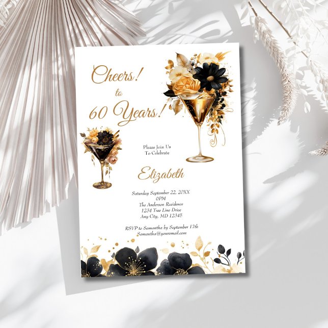 Schwarze Gold Cocktails Getränke Blumen 60. Geburt Einladung (Black Gold Florals Cocktails 60th Birthday party invitation for her. Printed or Digital)