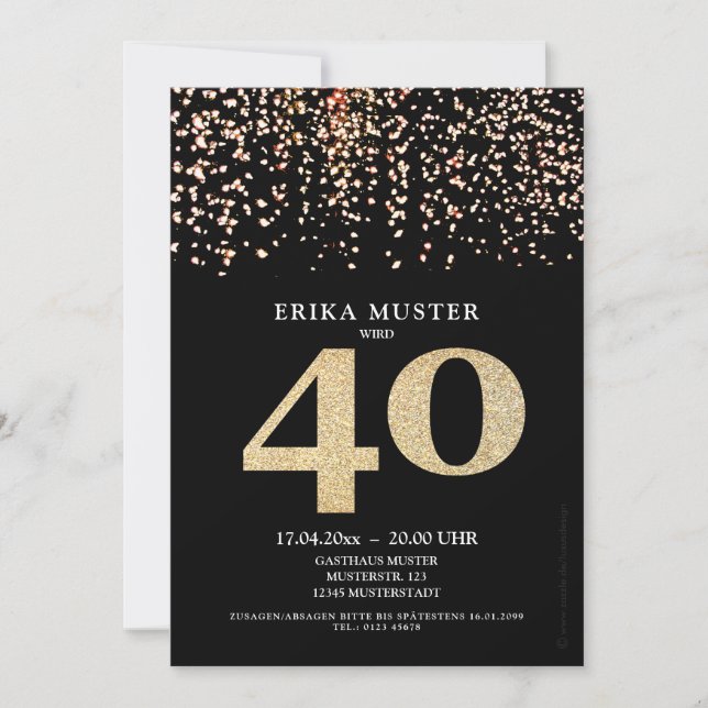 Schwarze Gold-Design Einladungen 40. Geburtstag (Vorderseite)